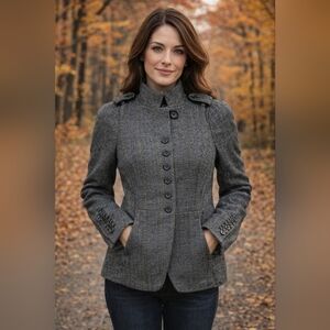 ZARA Wool Blend Peplum Herringbone Military Blazer Jacket Grey MEDIUM